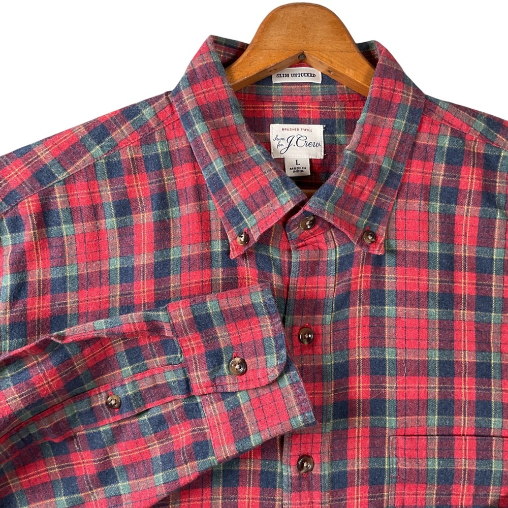 J.Crew Button Down Shirt Mens Large Red Plaid Slim Untucked Brushed Twill